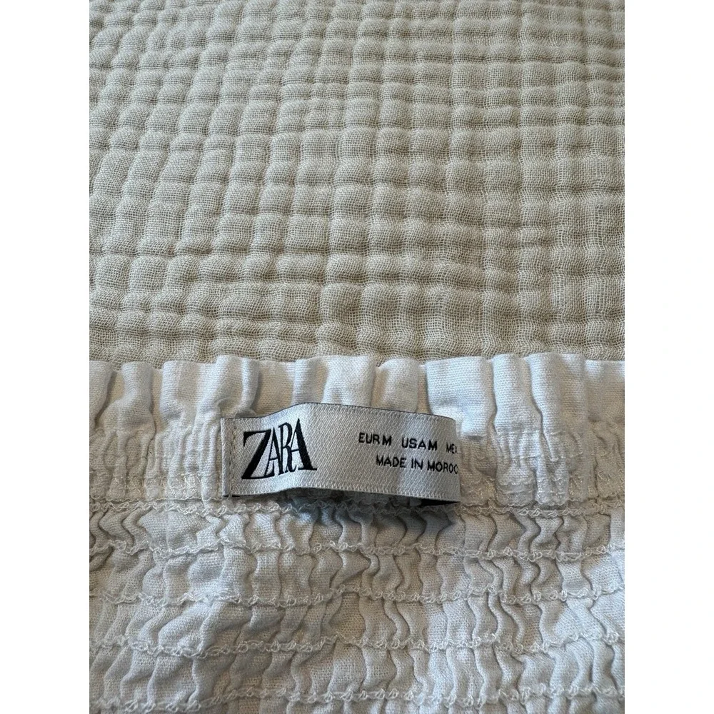 Zara White Smocked Puff Sleeve Ruffle Hem Crop Top Women Medium Coquette Cottage